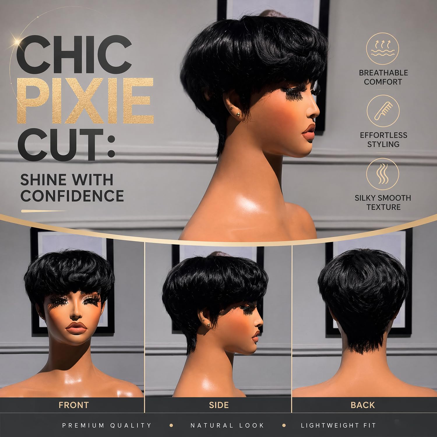 VRZ Pixie Cut Wigs for Black Women Brazilian Curly Pixie Cut Wig Human Hair Glueless Short Layered Wigs With Bangs Natural Black Color No Glue Human Hair Wig for Daily Use