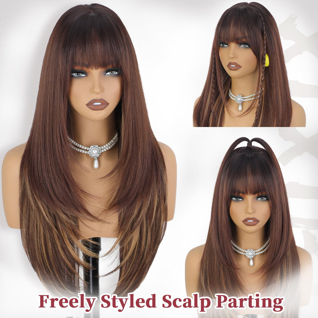 XIXIBI Wig with Bangs for Women,Long Straight,Brown Blonde Highlight