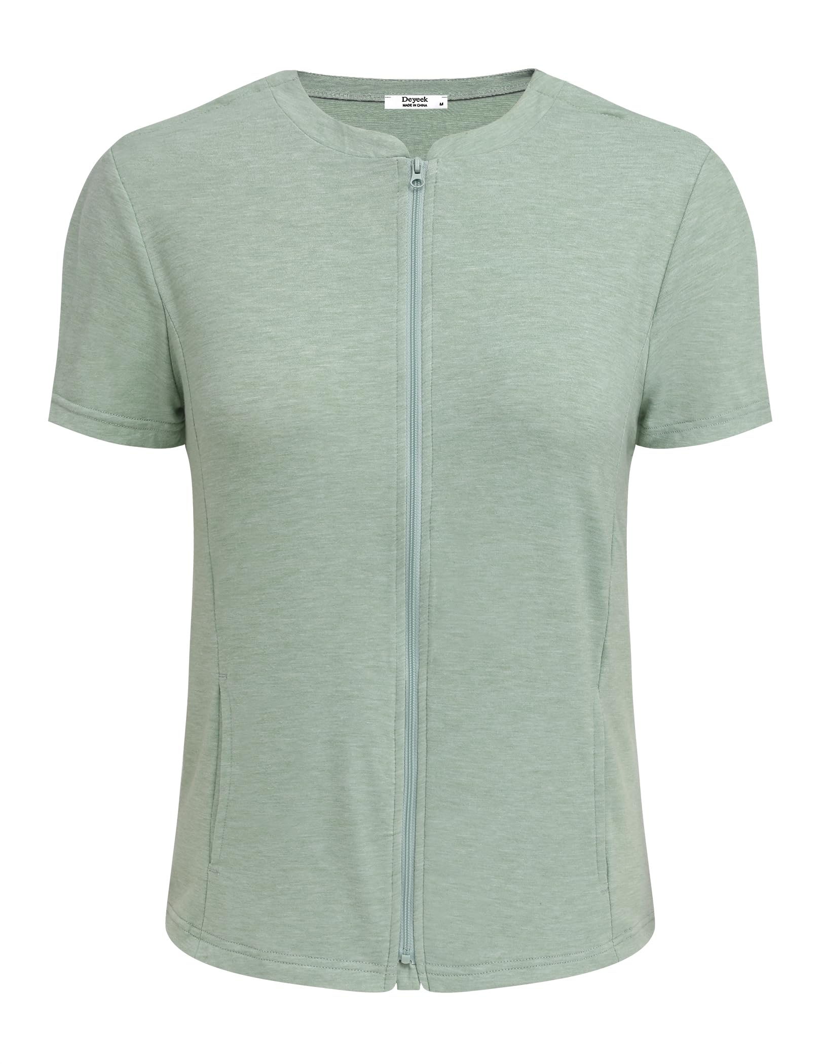 Deyeek Mastectomy Shirts with Drain Pockets Post Shoulder Surgery Tops for Women Chemo Port Short Sleeve with Zippers