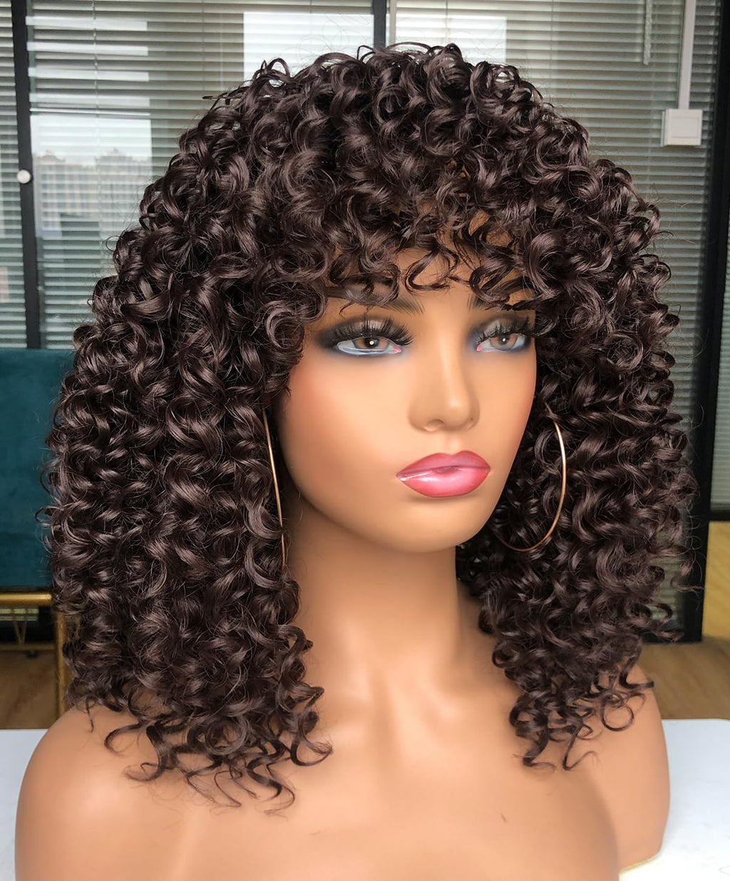 Curly Afro Wigs for Black Women Kinky Curly Wig with Bangs Synthetic Fiber Natural Looking Glueless Hair for Daily Wear