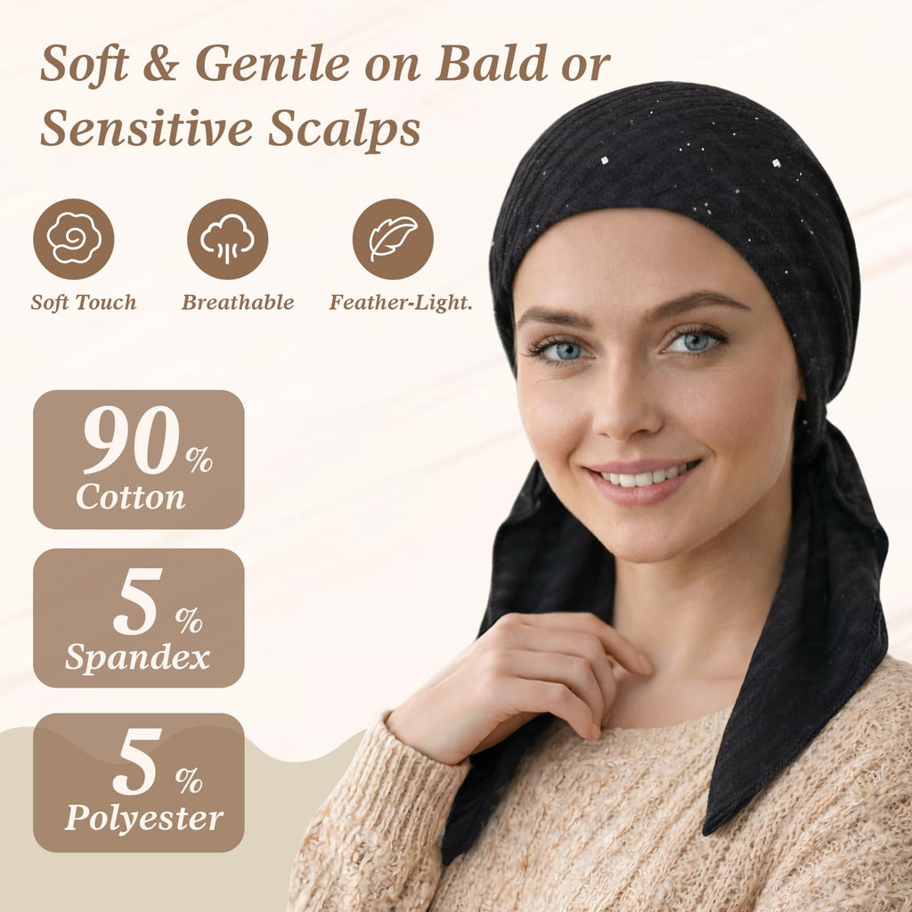 Pretied Head Scarves for Women – Fashionable Glitter Turban Head Wraps, Stylish Chemo Headwear, Elegant Hair Coverings