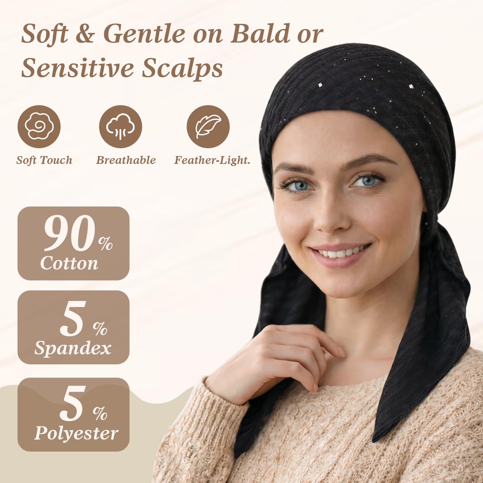 Pretied Head Scarves for Women – Fashionable Glitter Turban Head Wraps, Stylish Chemo Headwear, Elegant Hair Coverings