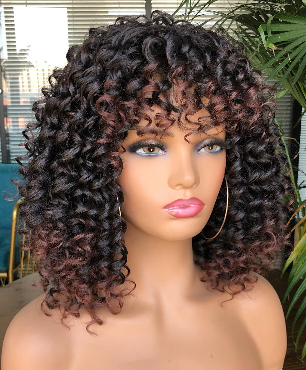 Curly Afro Wigs for Black Women Kinky Curly Wig with Bangs Synthetic Fiber Natural Looking Glueless Hair for Daily Wear