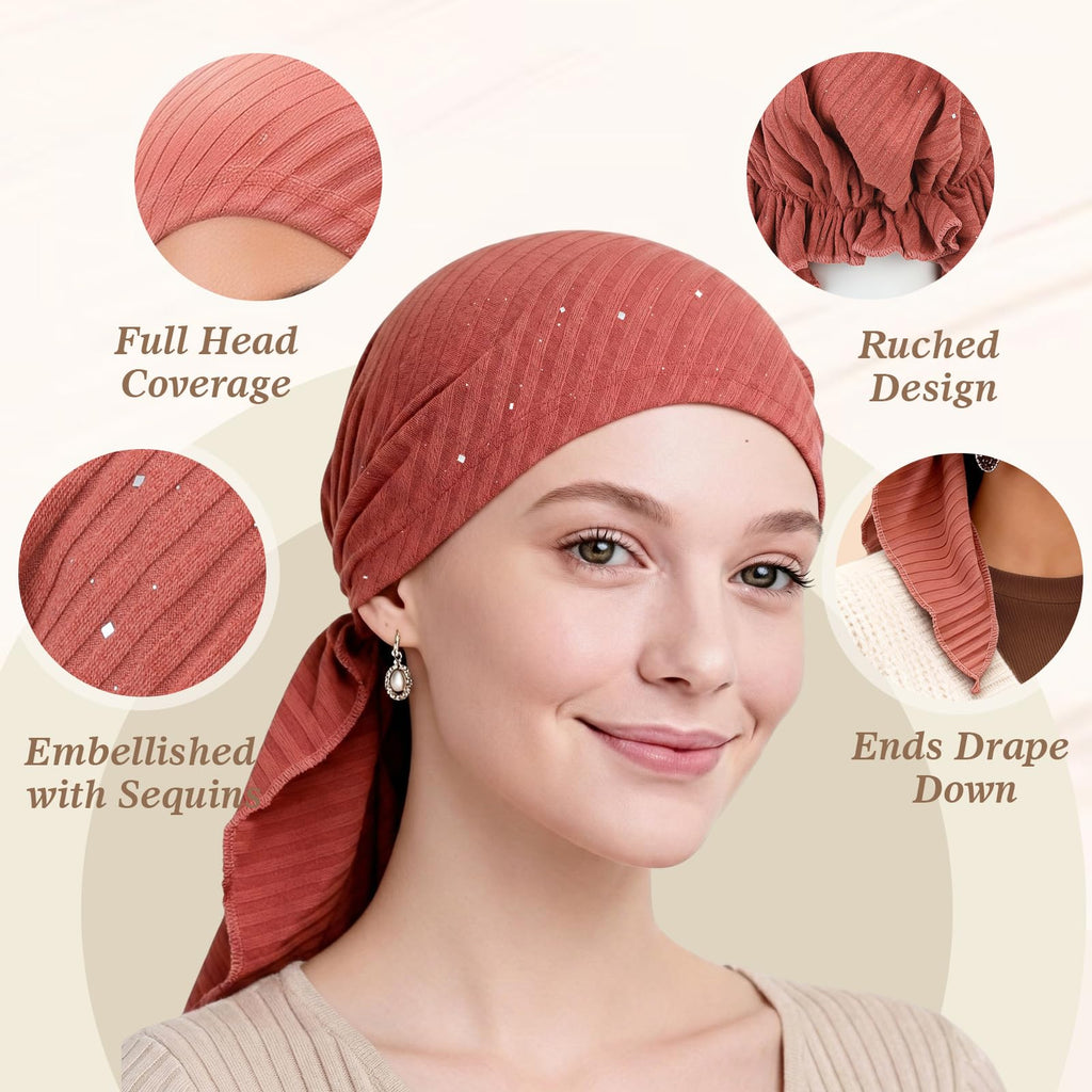 Pretied Head Scarves for Women – Fashionable Glitter Turban Head Wraps, Stylish Chemo Headwear, Elegant Hair Coverings