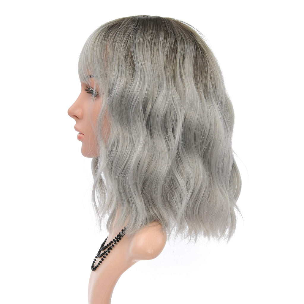 FAELBATY Blonde Wave Short Bob Wigs With Air Bangs Shoulder Length Wig For Women and Girls Curly Wavy Synthetic Cosplay Costume Wig (12" Mix blonde and gold)