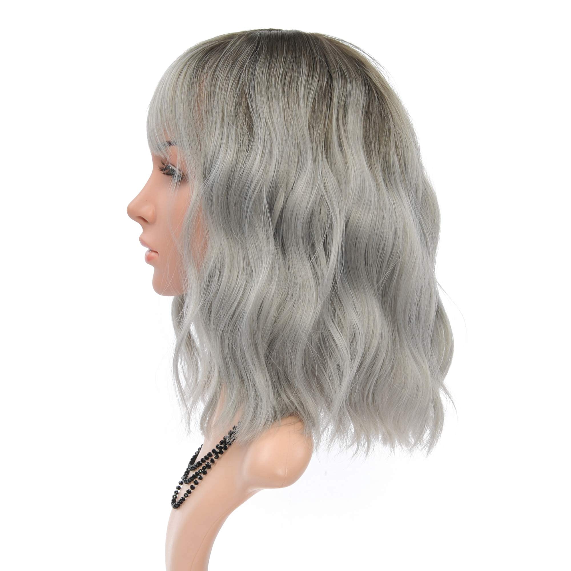 FAELBATY Blonde Wave Short Bob Wigs With Air Bangs Shoulder Length Wig For Women and Girls Curly Wavy Synthetic Cosplay Costume Wig (12" Mix blonde and gold)