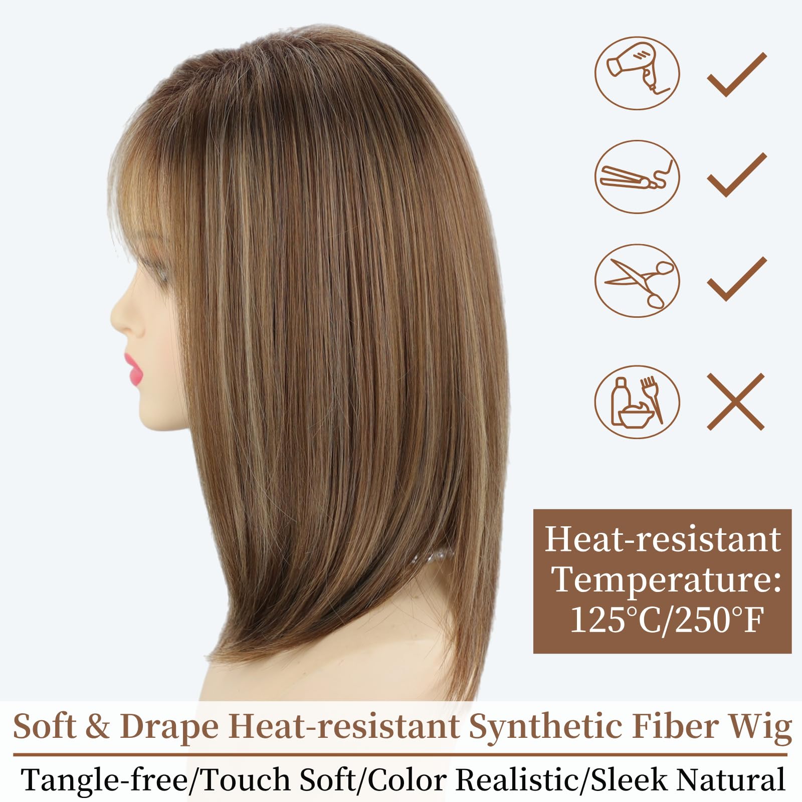 RENERSHOW Ombre Blonde Highlight Layered Bob Wig with Bangs for White Women