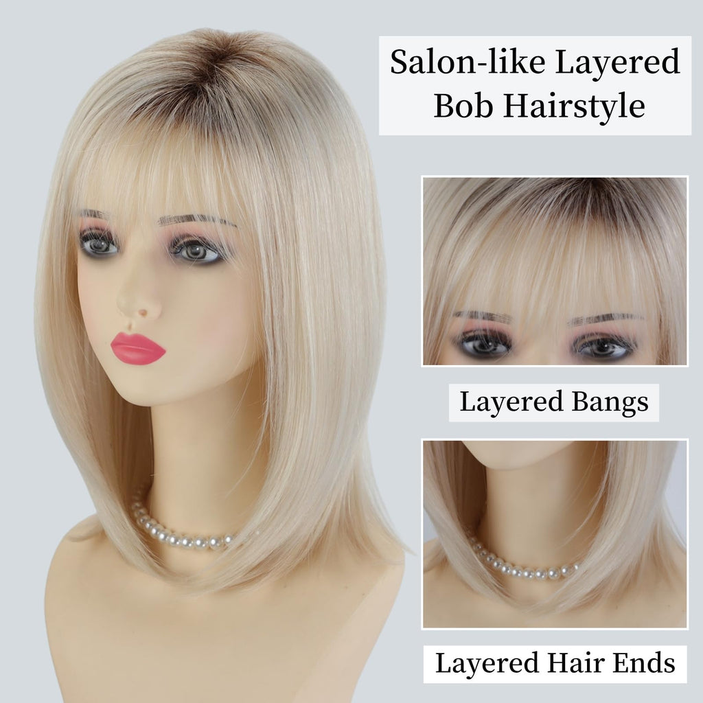 RENERSHOW Ombre Blonde Highlight Layered Bob Wig with Bangs for White Women
