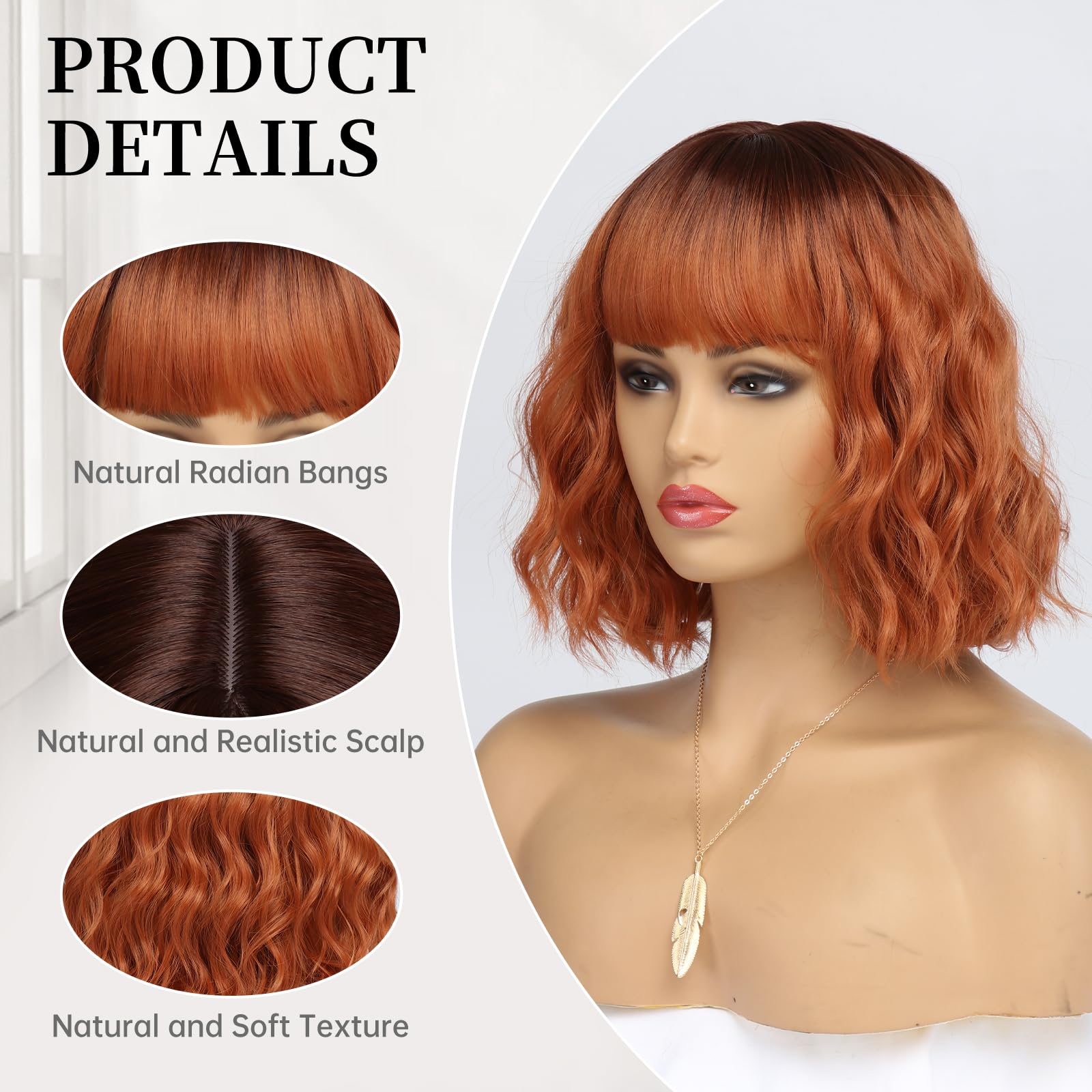 Short Auburn Wigs for Women Dark Ginger Wig with Bangs Wigs Natural Looking Curly Hair Medium Length Synthetic Bob Wig Wavy Colorful Wigs（14 Inches）