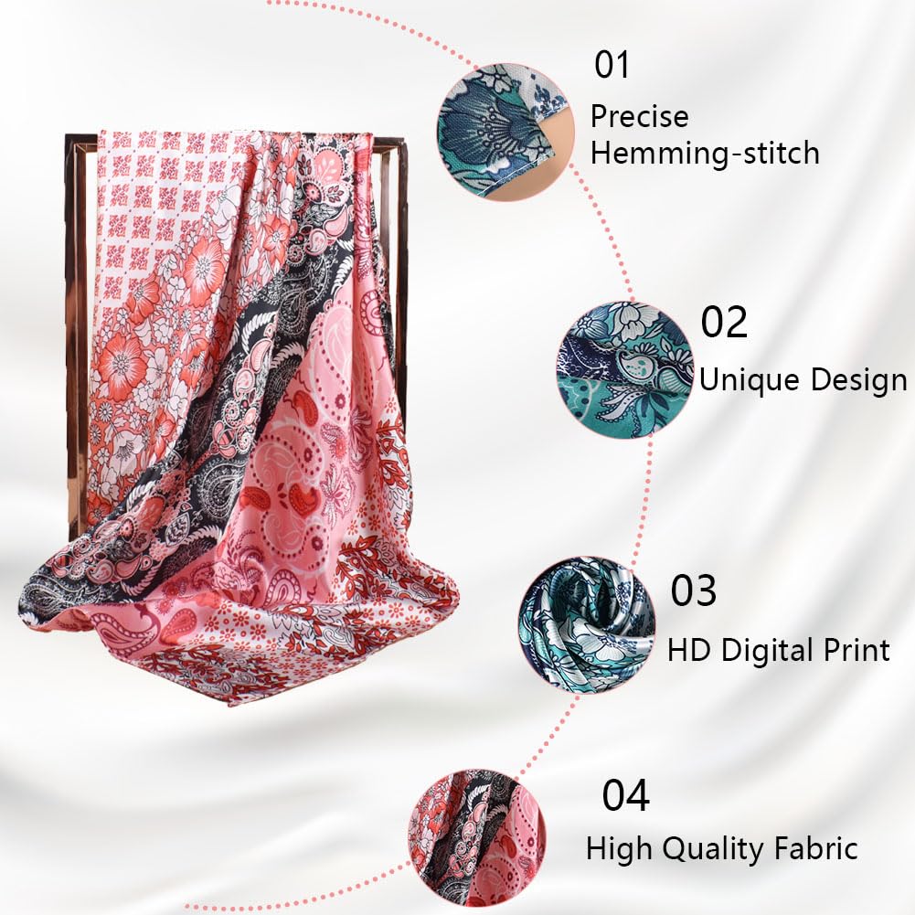 4Pcs Silk Head Scarves for Women Satin Hair Scarf 35”Large Square Bandana Silk Like Neck Scarf Shawl