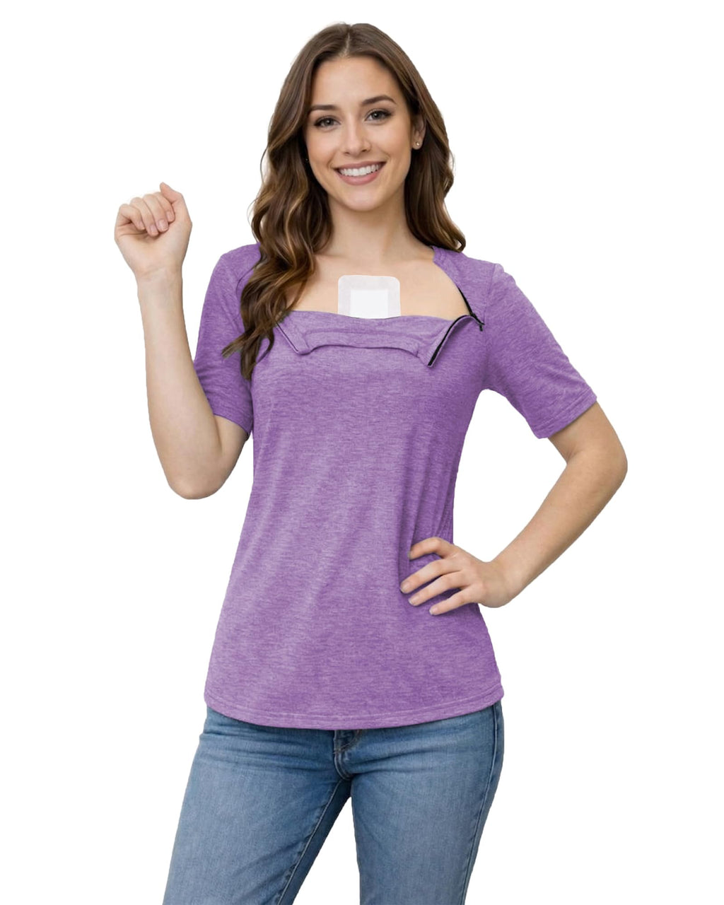 Youdiao Chemo Shirts for Port Access Women Post Shoulder Surgery Shirts with 2 Hidden Side Zippers Short Sleeve Tear Away Top