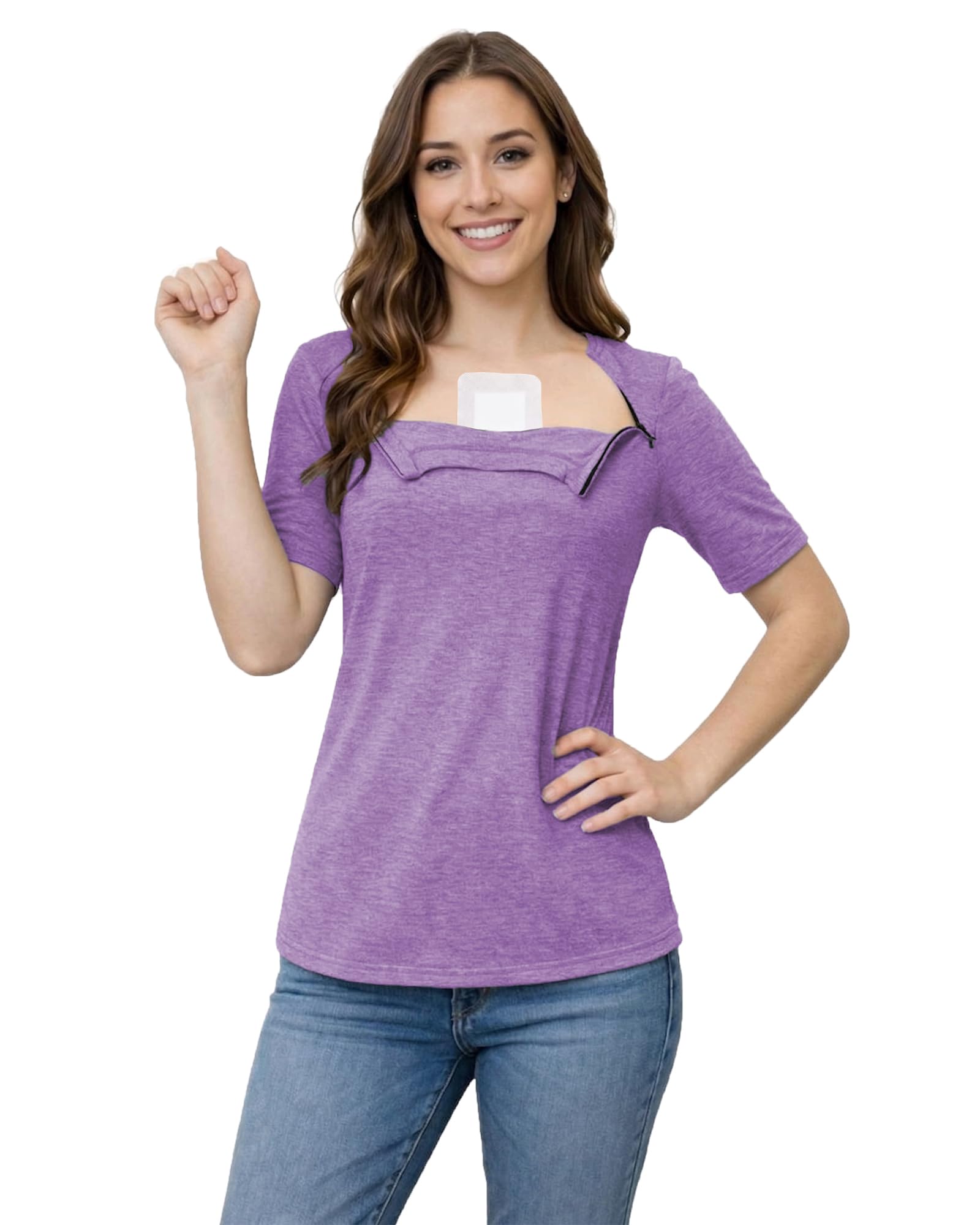 Youdiao Chemo Shirts for Port Access Women Post Shoulder Surgery Shirts with 2 Hidden Side Zippers Short Sleeve Tear Away Top