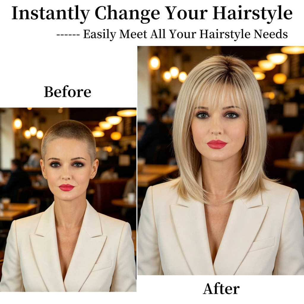 RENERSHOW Ombre Blonde Highlight Layered Bob Wig with Bangs for White Women