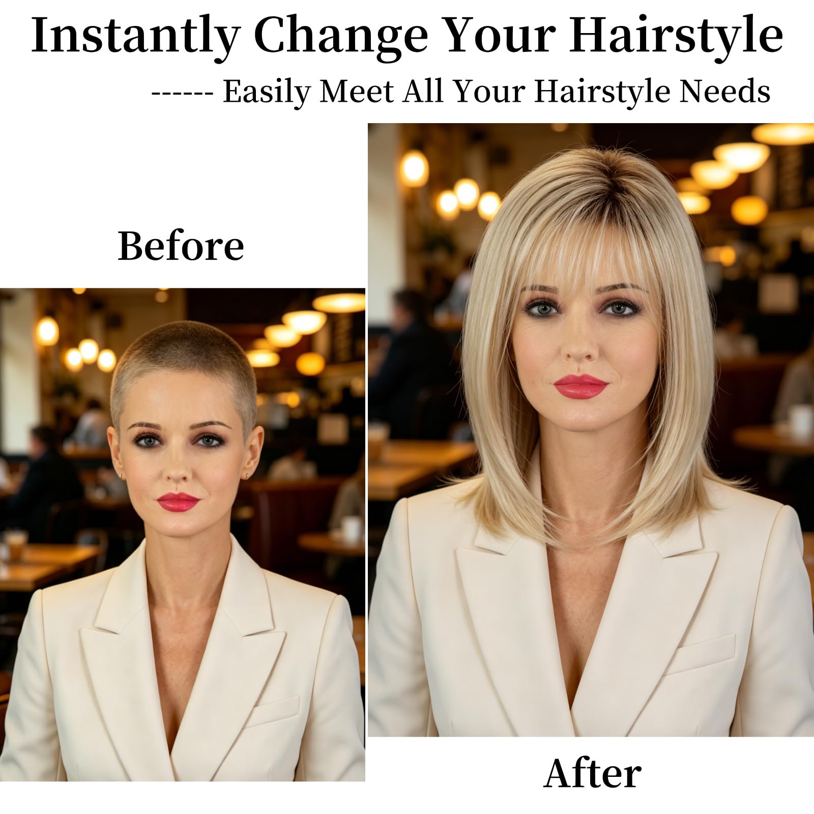 RENERSHOW Ombre Blonde Highlight Layered Bob Wig with Bangs for White Women