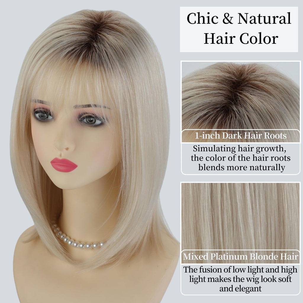 RENERSHOW Ombre Blonde Highlight Layered Bob Wig with Bangs for White Women