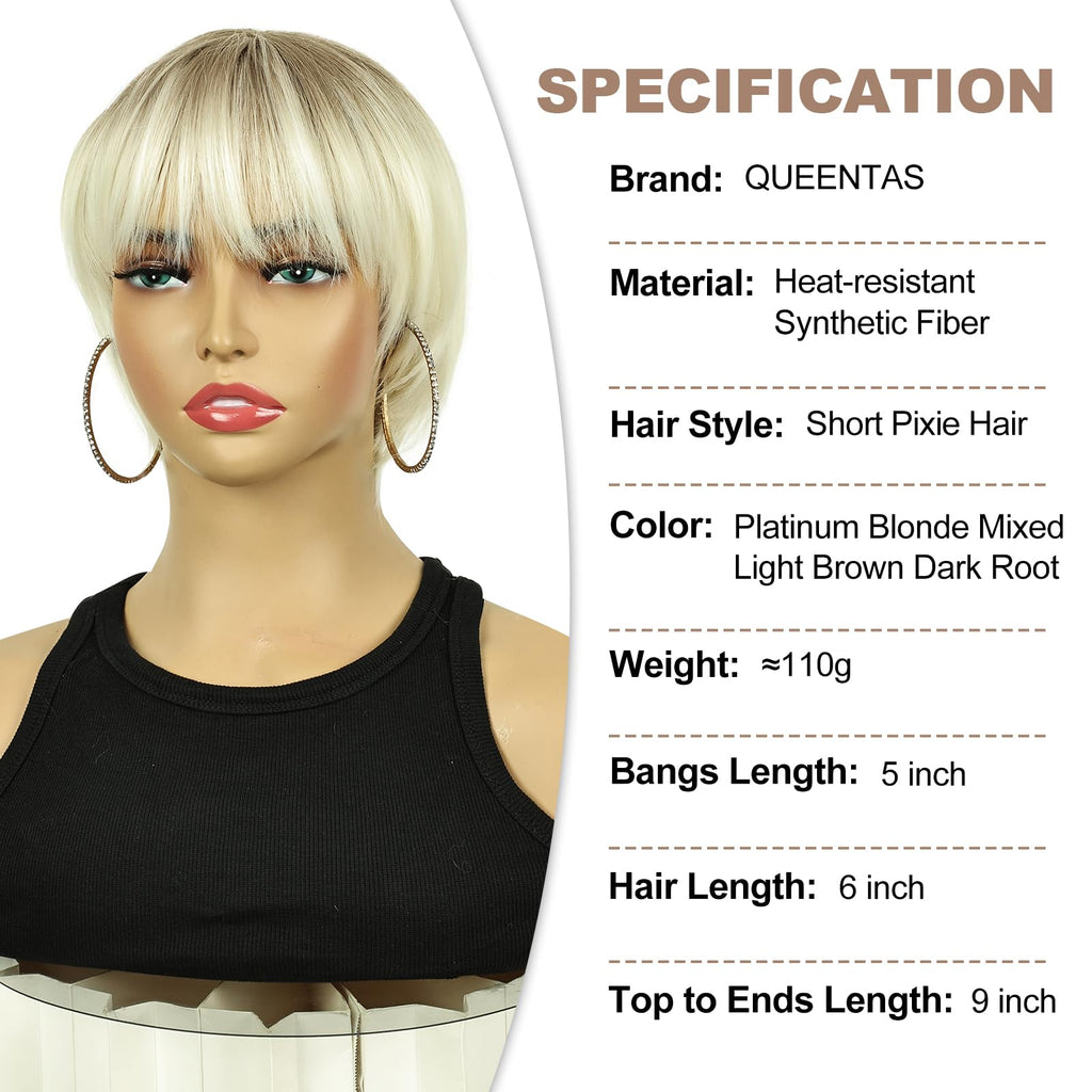 8" Layered Pixie Cut Synthetic Wig for Women Blonde Mixed Brown with Roots