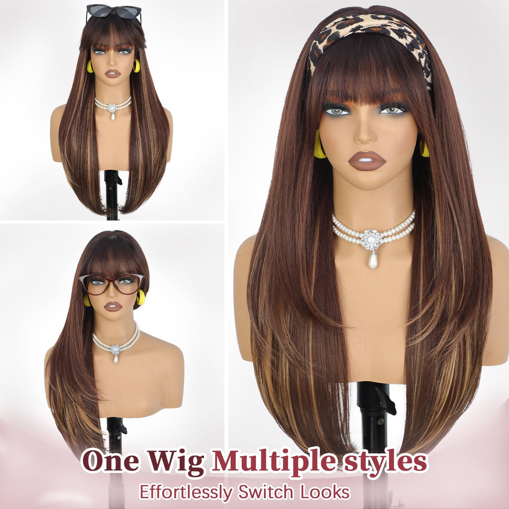 XIXIBI Wig with Bangs for Women,Long Straight,Brown Blonde Highlight