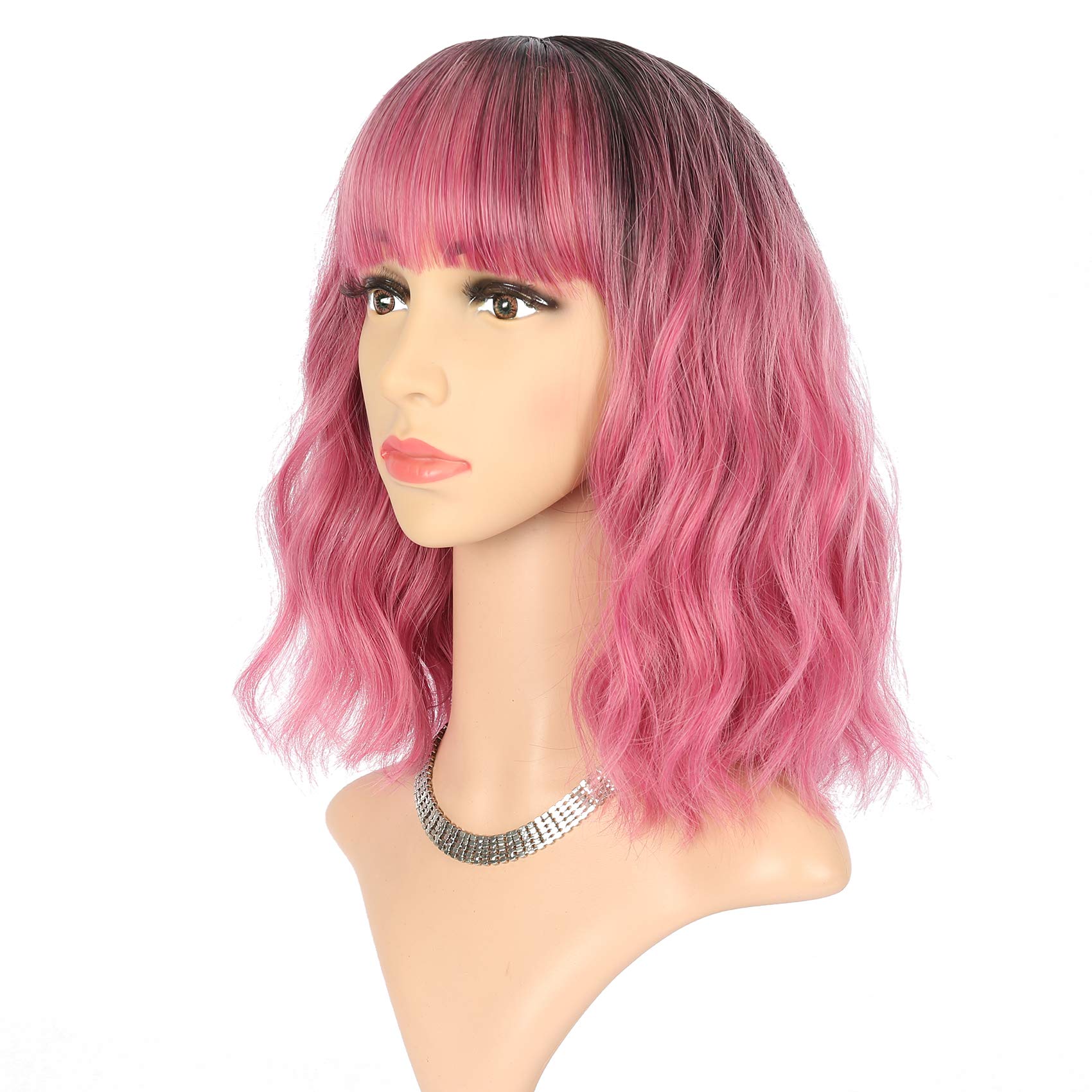 FAELBATY Blonde Wave Short Bob Wigs With Air Bangs Shoulder Length Wig For Women and Girls Curly Wavy Synthetic Cosplay Costume Wig (12" Mix blonde and gold)