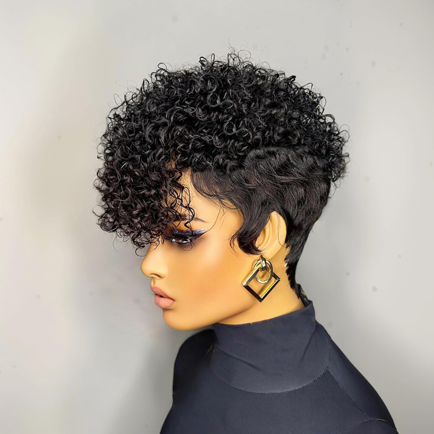VRZ Pixie Cut Wigs for Black Women Brazilian Curly Pixie Cut Wig Human Hair Glueless Short Layered Wigs With Bangs Natural Black Color No Glue Human Hair Wig for Daily Use