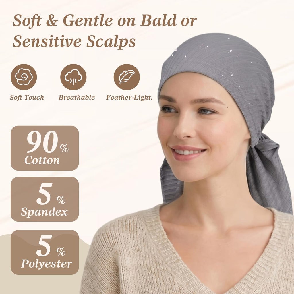 Pretied Head Scarves for Women – Fashionable Glitter Turban Head Wraps, Stylish Chemo Headwear, Elegant Hair Coverings