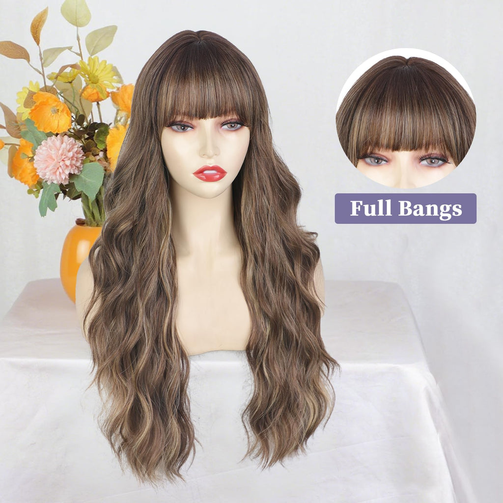 Lativ Ombre Blonde Brown Wig with Bangs Long Wavy Curly Wig with Brown End