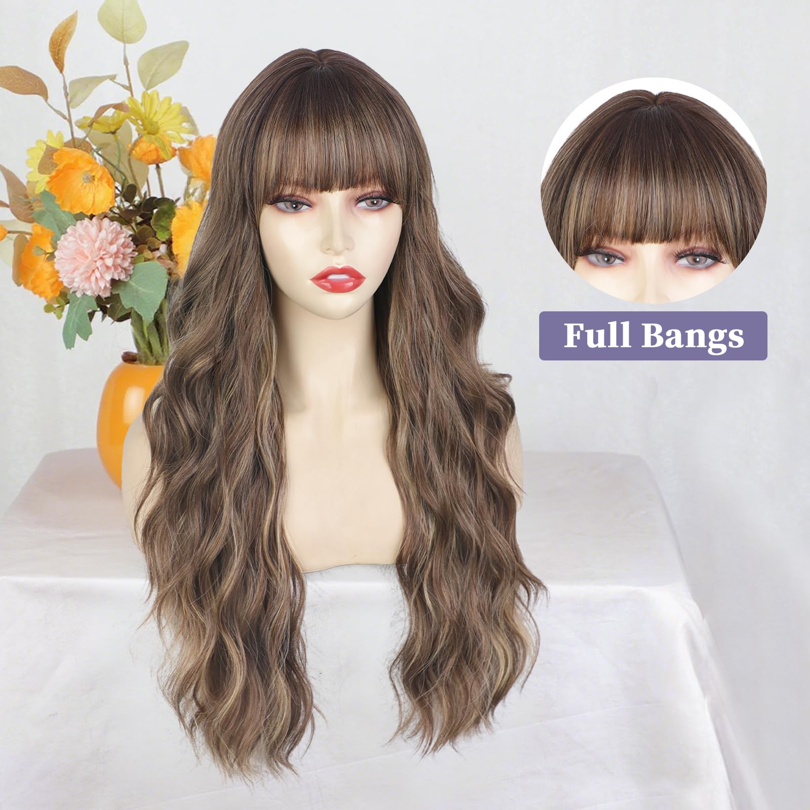 Lativ Ombre Blonde Brown Wig with Bangs Long Wavy Curly Wig with Brown End