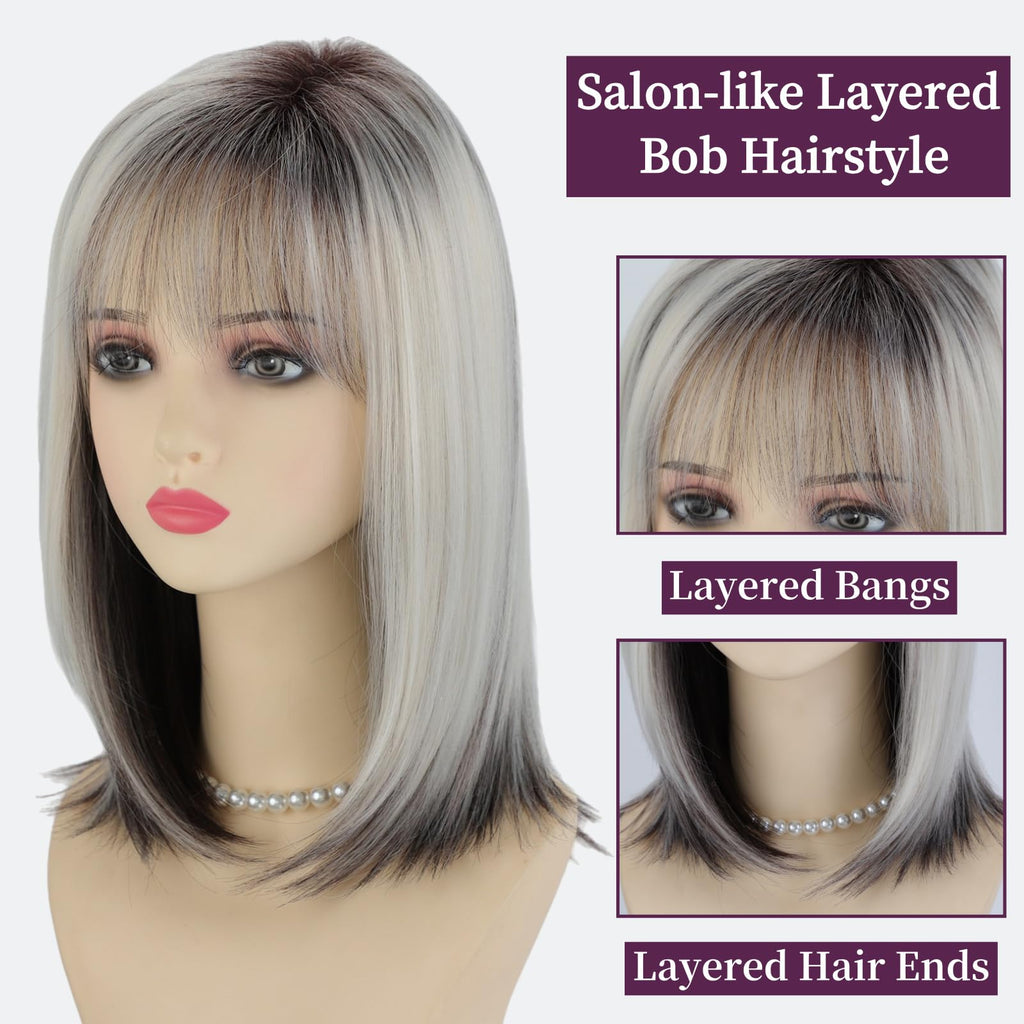 RENERSHOW Ombre Blonde Highlight Layered Bob Wig with Bangs for White Women