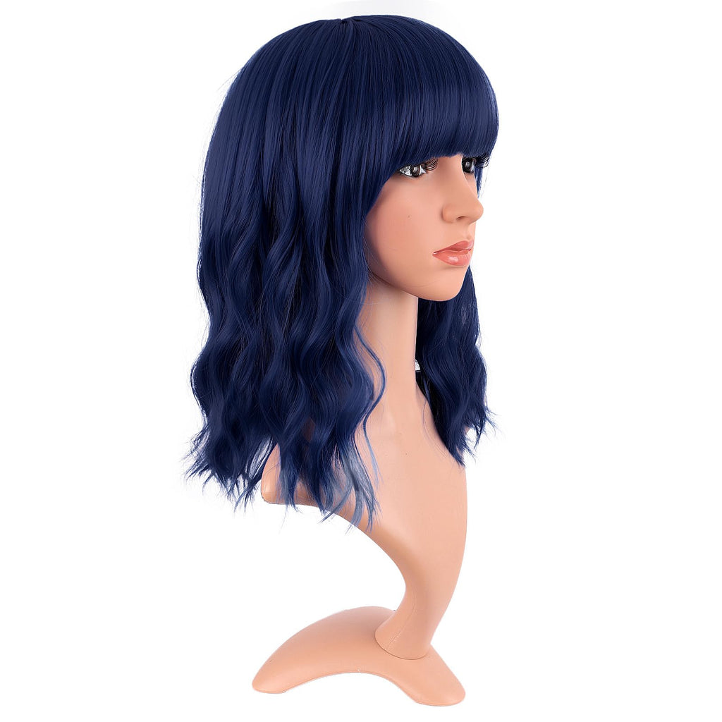 MapofBeauty 14 Inch Short Curly Women Flat Bangs Bob Wig, Black