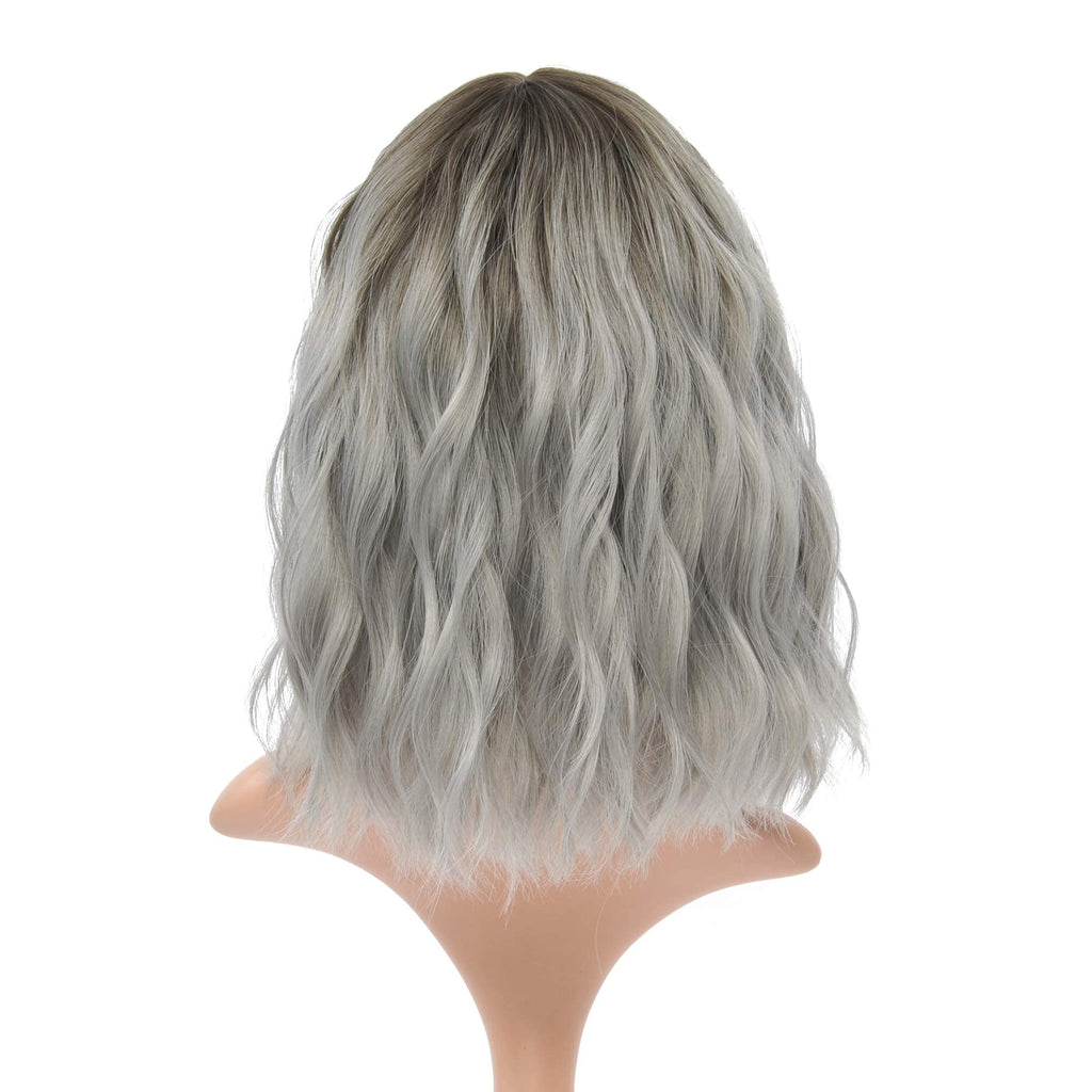 FAELBATY Blonde Wave Short Bob Wigs With Air Bangs Shoulder Length Wig For Women and Girls Curly Wavy Synthetic Cosplay Costume Wig (12" Mix blonde and gold)