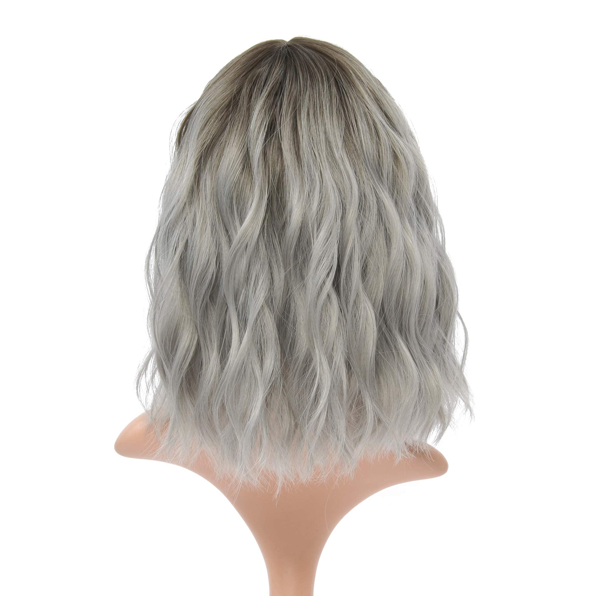 FAELBATY Blonde Wave Short Bob Wigs With Air Bangs Shoulder Length Wig For Women and Girls Curly Wavy Synthetic Cosplay Costume Wig (12" Mix blonde and gold)