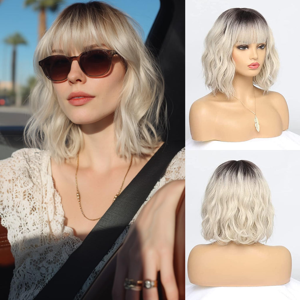 Short Auburn Wigs for Women Dark Ginger Wig with Bangs Wigs Natural Looking Curly Hair Medium Length Synthetic Bob Wig Wavy Colorful Wigs（14 Inches）
