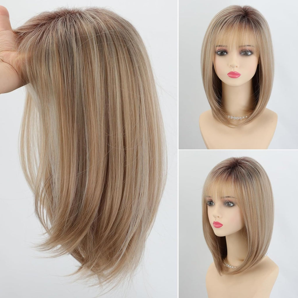 RENERSHOW Ombre Blonde Highlight Layered Bob Wig with Bangs for White Women