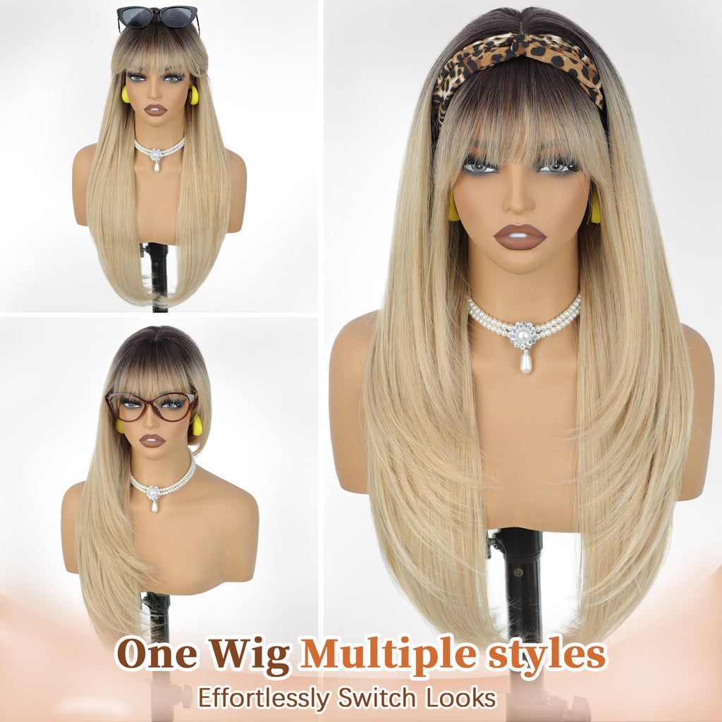 XIXIBI Wig with Bangs for Women,Long Straight,Brown Blonde Highlight