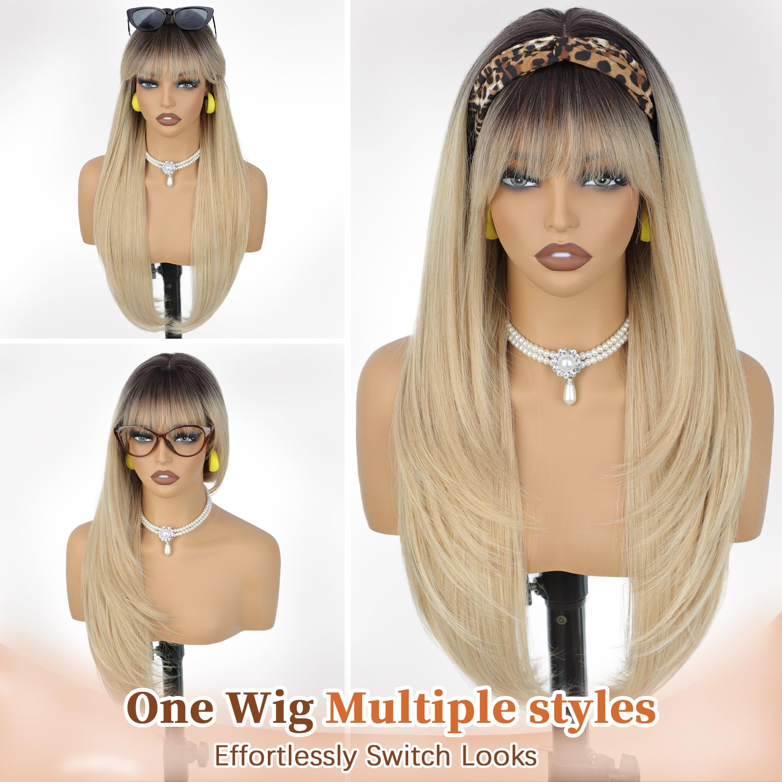 XIXIBI Wig with Bangs for Women,Long Straight,Brown Blonde Highlight
