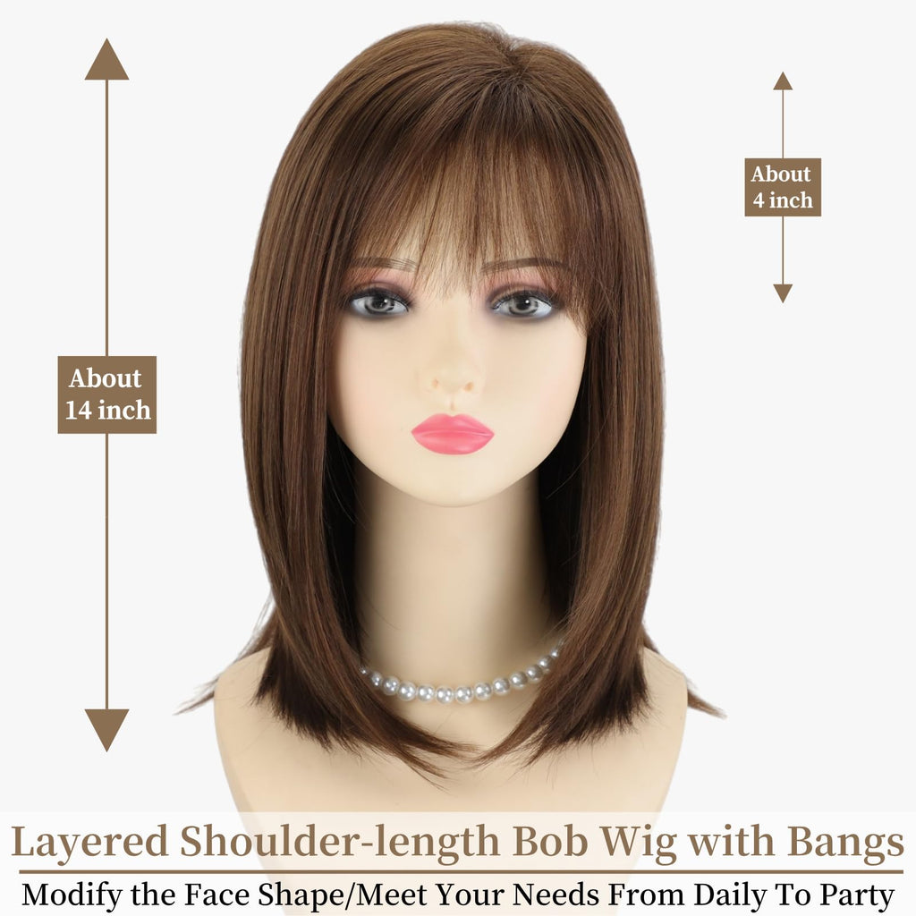 RENERSHOW Ombre Blonde Highlight Layered Bob Wig with Bangs for White Women