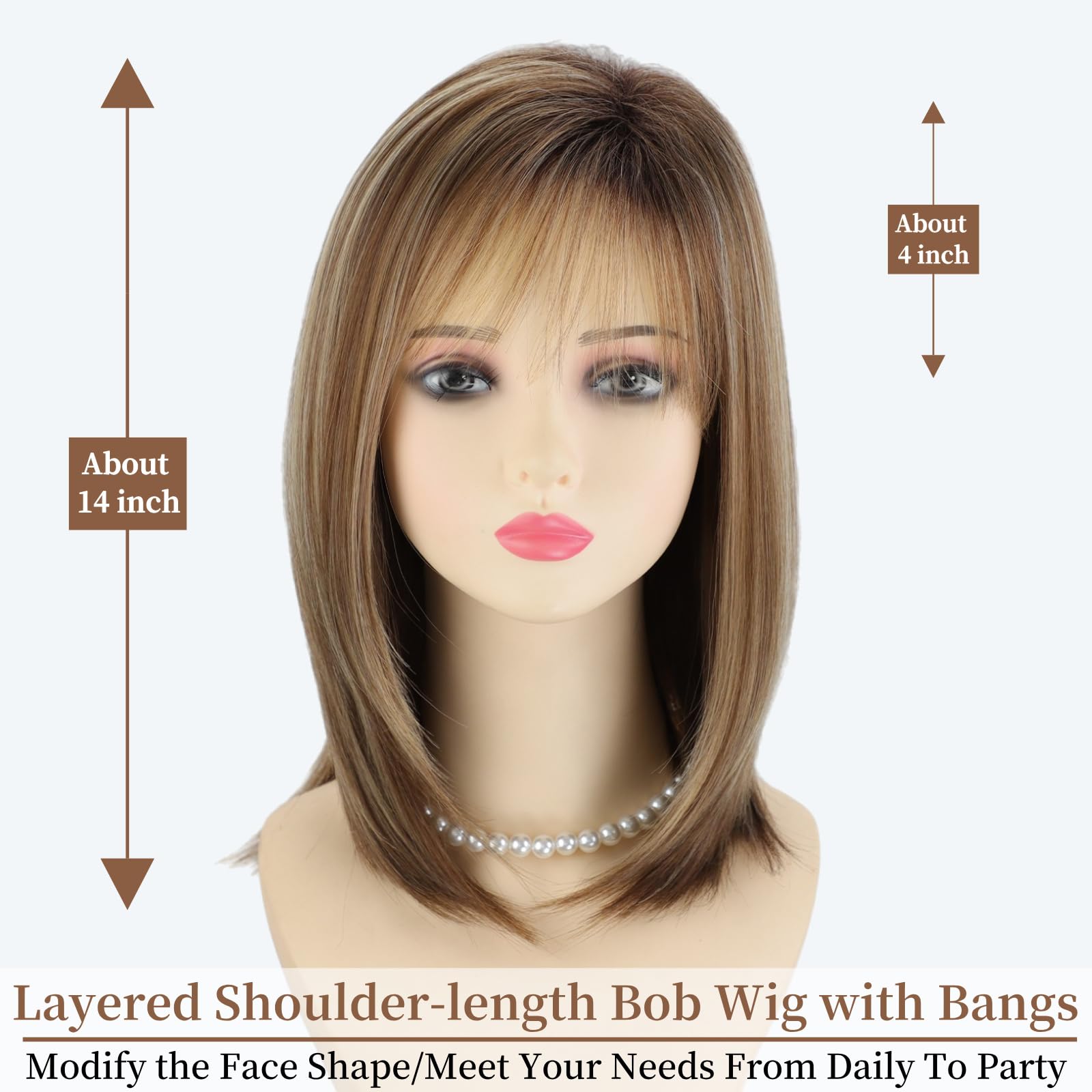 RENERSHOW Ombre Blonde Highlight Layered Bob Wig with Bangs for White Women