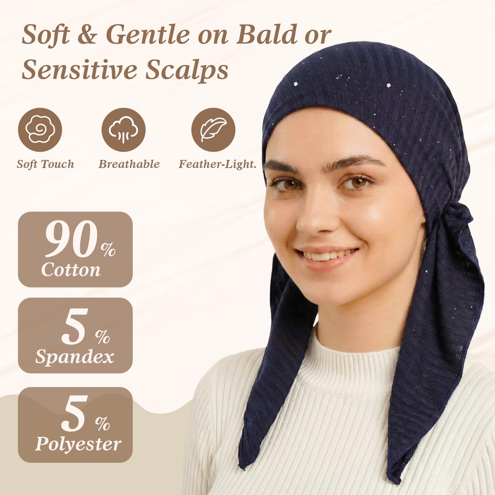 Pretied Head Scarves for Women – Fashionable Glitter Turban Head Wraps, Stylish Chemo Headwear, Elegant Hair Coverings