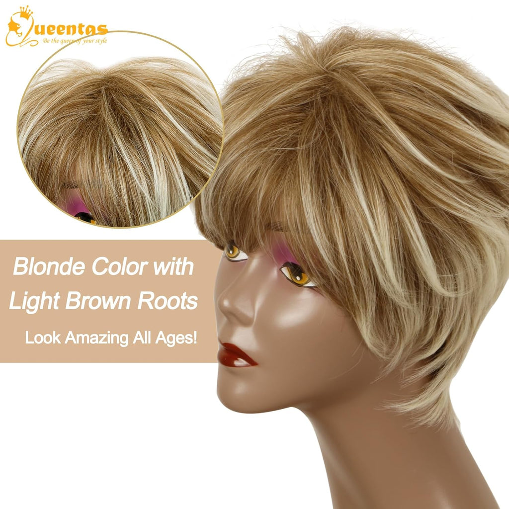 8" Layered Pixie Cut Synthetic Wig for Women Blonde Mixed Brown with Roots