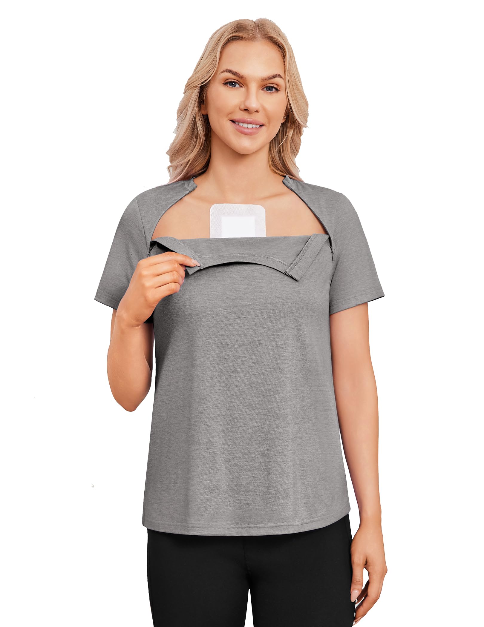 Deyeek Chemo Shirts for Port Access Women with 2 Hidden Side Zippers Post Surgery Short Sleeve Tear Away Adaptive Top Tees