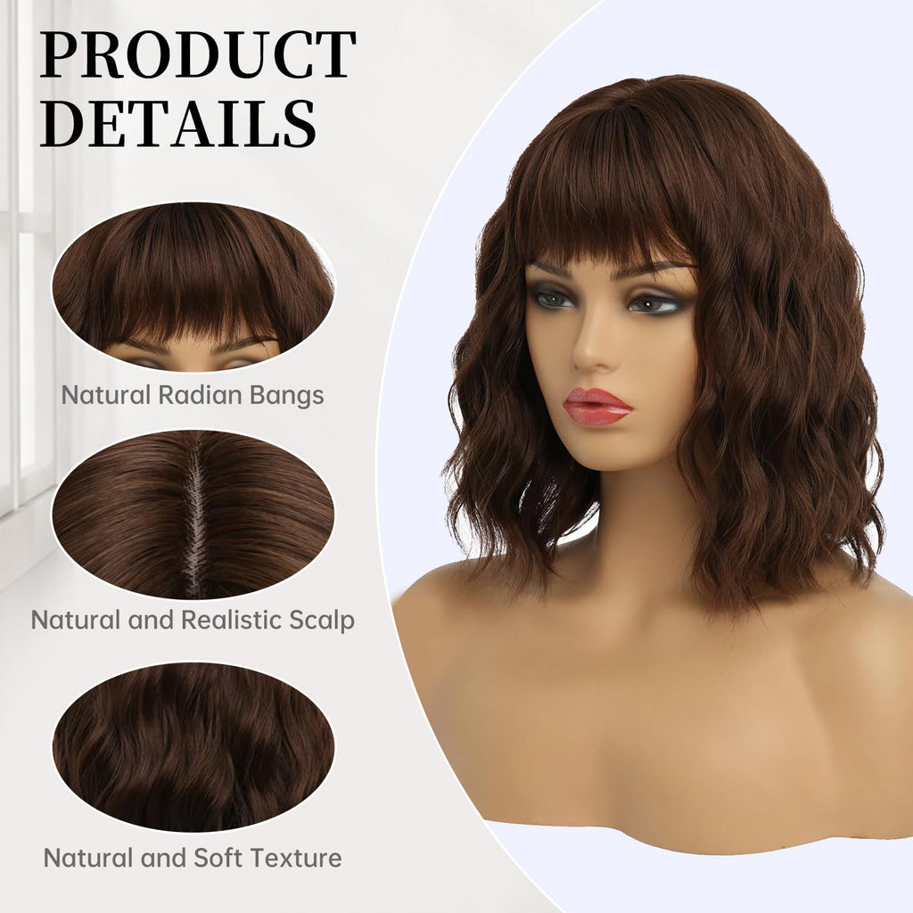 Short Auburn Wigs for Women Dark Ginger Wig with Bangs Wigs Natural Looking Curly Hair Medium Length Synthetic Bob Wig Wavy Colorful Wigs（14 Inches）
