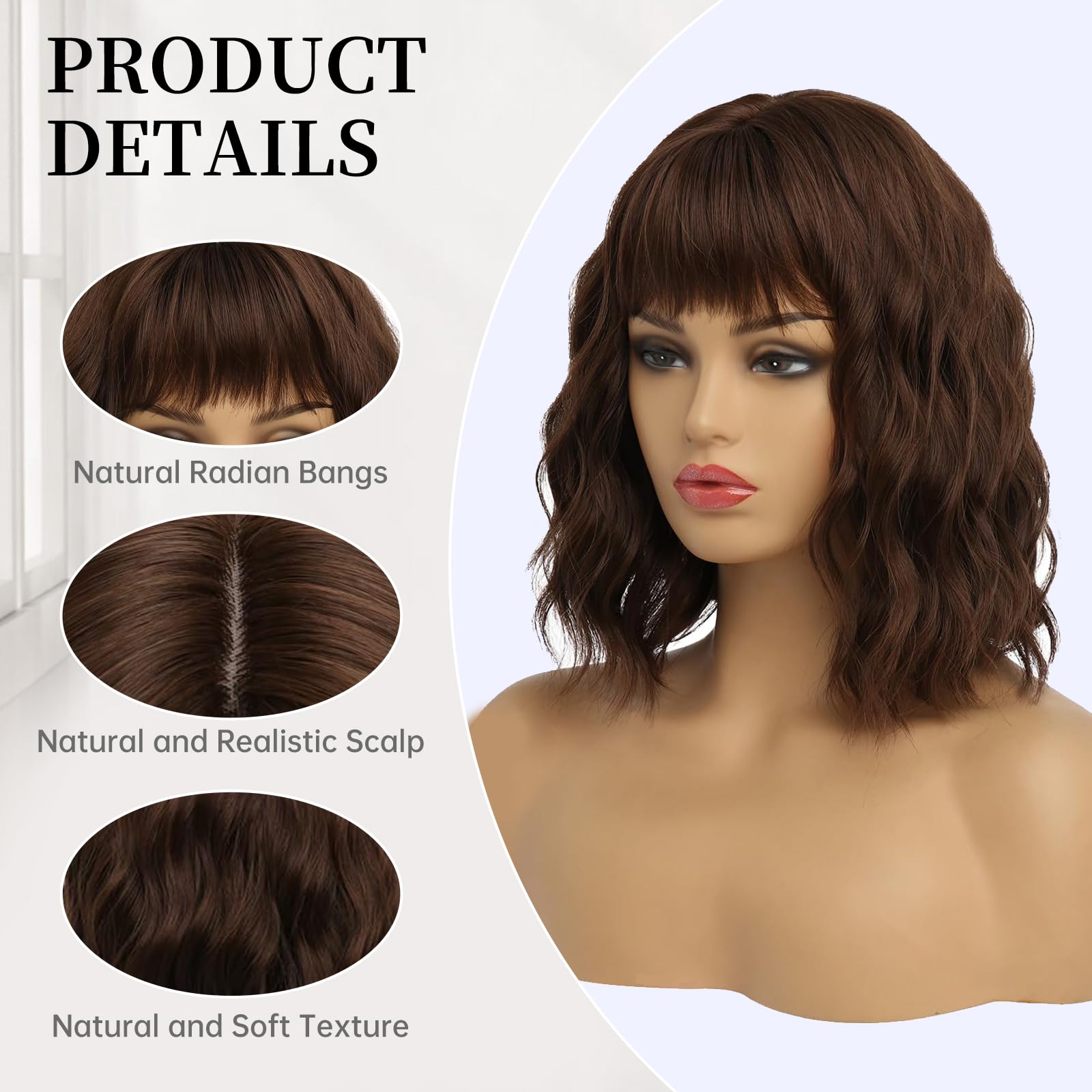 Short Auburn Wigs for Women Dark Ginger Wig with Bangs Wigs Natural Looking Curly Hair Medium Length Synthetic Bob Wig Wavy Colorful Wigs（14 Inches）