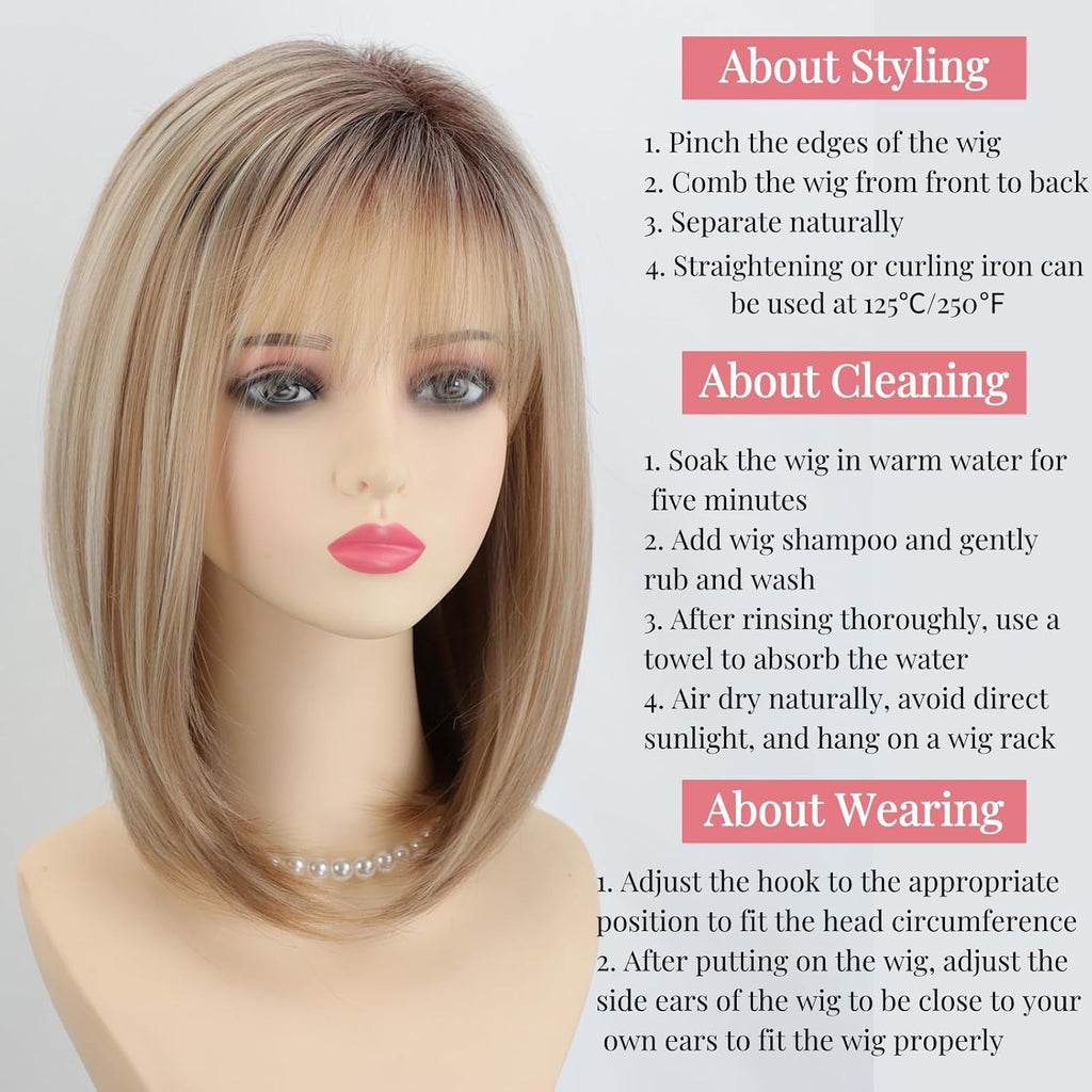 RENERSHOW Ombre Blonde Highlight Layered Bob Wig with Bangs for White Women