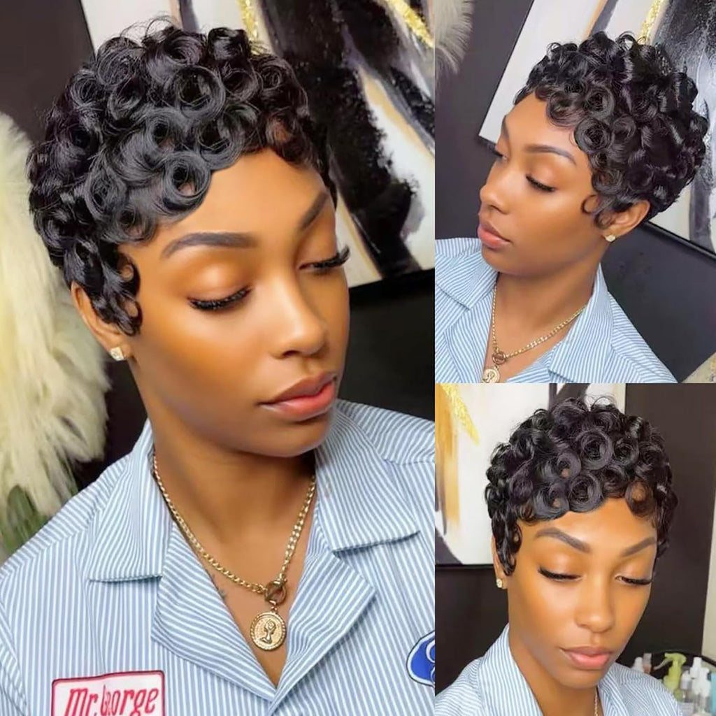 VRZ Pixie Cut Wigs for Black Women Brazilian Curly Pixie Cut Wig Human Hair Glueless Short Layered Wigs With Bangs Natural Black Color No Glue Human Hair Wig for Daily Use