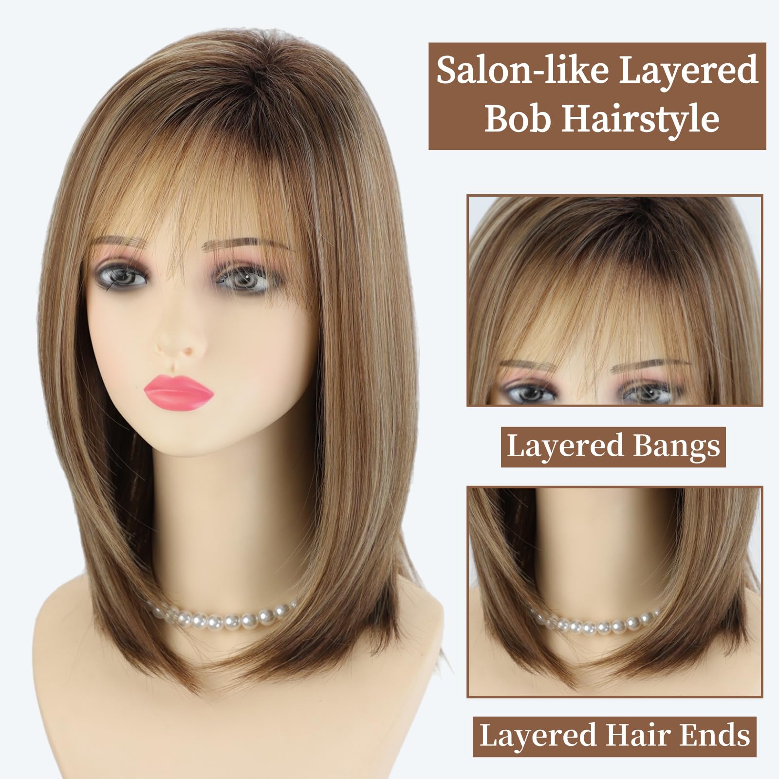 RENERSHOW Ombre Blonde Highlight Layered Bob Wig with Bangs for White Women