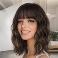 Nnzes Wig with Bangs for Women Shoulder Length Bob Wavy Women's Charming Synthetic Brown mixed Blonde Highlight Wigs with Natural Curly Heat Resistant Hair for Daily Party Use