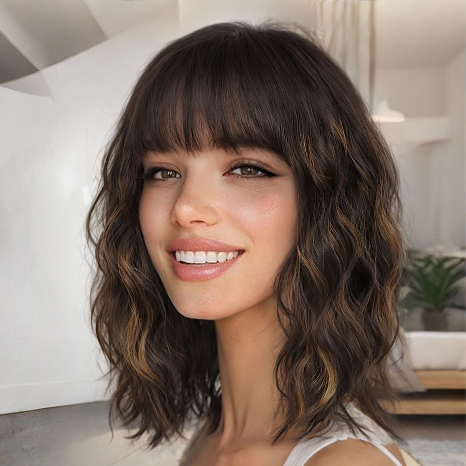 Nnzes Wig with Bangs for Women Shoulder Length Bob Wavy Women's Charming Synthetic Brown mixed Blonde Highlight Wigs with Natural Curly Heat Resistant Hair for Daily Party Use
