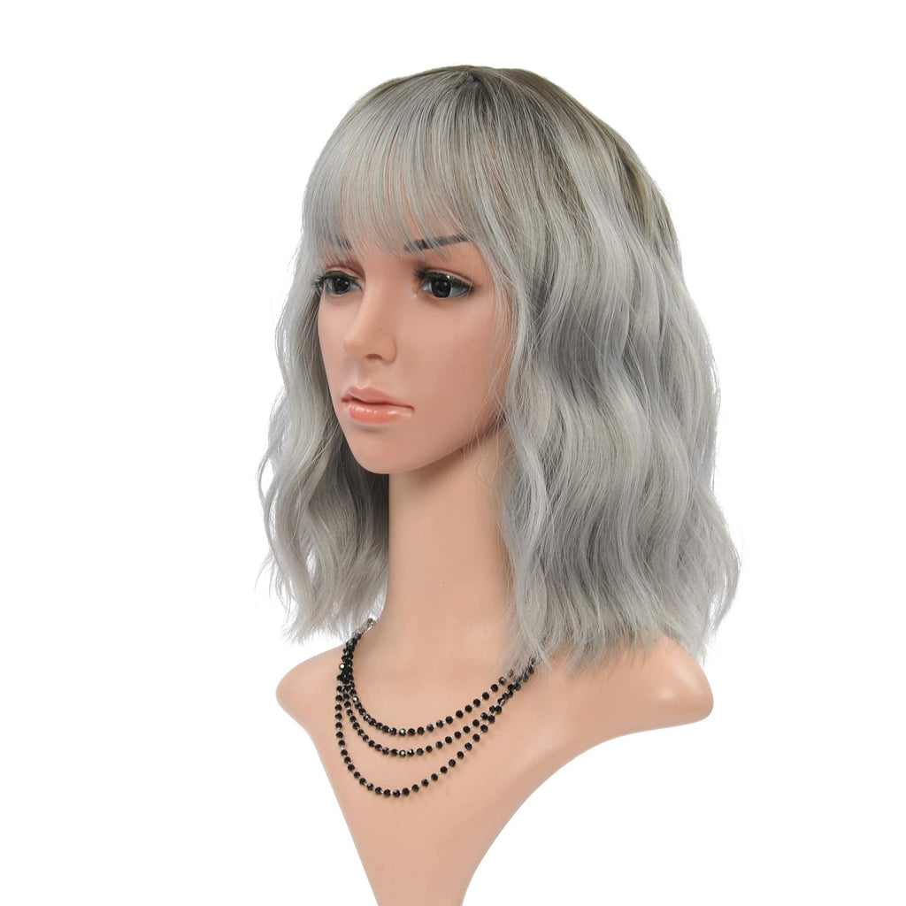FAELBATY Blonde Wave Short Bob Wigs With Air Bangs Shoulder Length Wig For Women and Girls Curly Wavy Synthetic Cosplay Costume Wig (12" Mix blonde and gold)