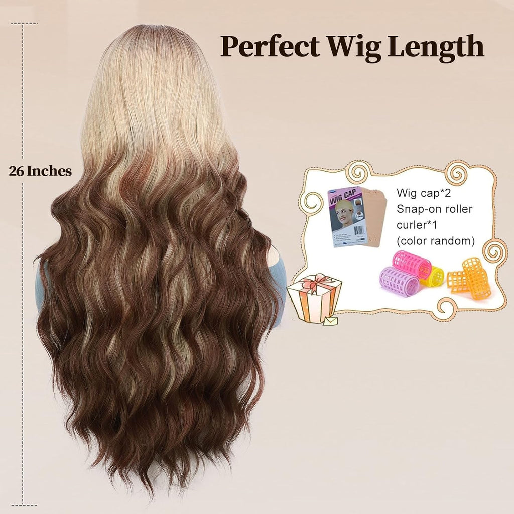 Lativ Ombre Blonde Brown Wig with Bangs Long Wavy Curly Wig with Brown End