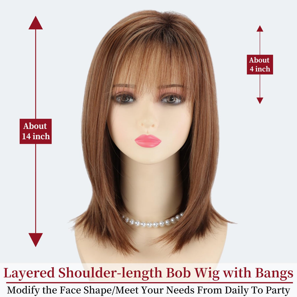 RENERSHOW Ombre Blonde Highlight Layered Bob Wig with Bangs for White Women