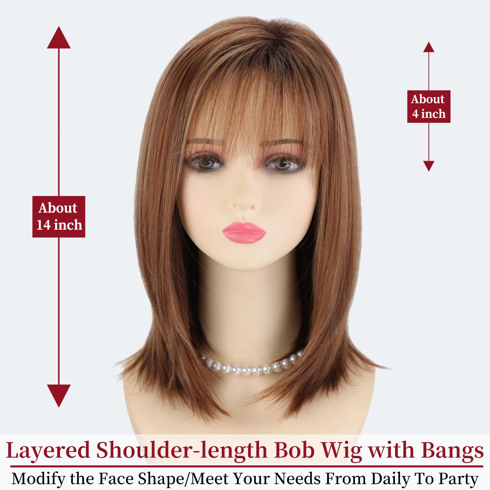 RENERSHOW Ombre Blonde Highlight Layered Bob Wig with Bangs for White Women